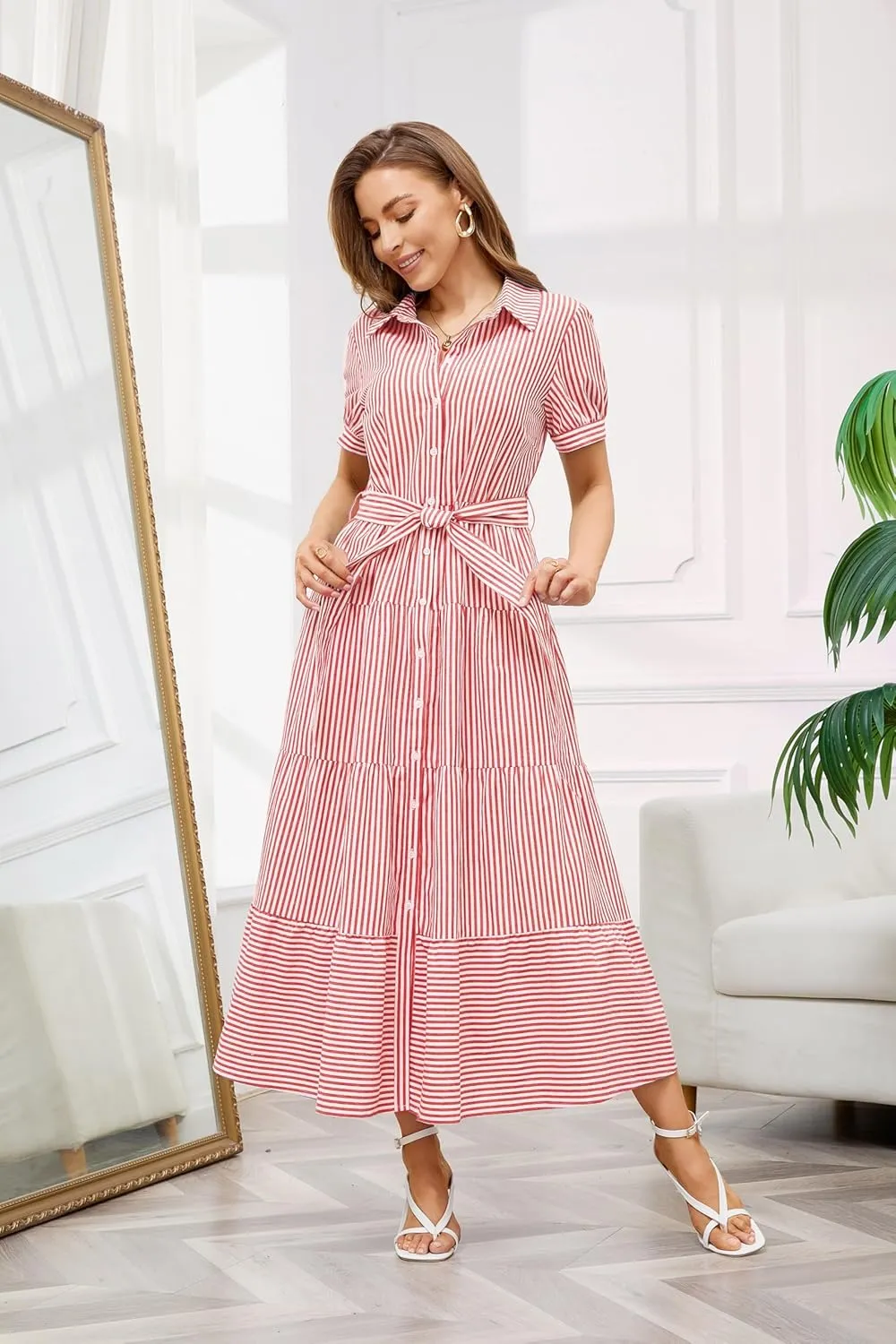 utcoco Womens Casual Short Sleeve Button Down Tie Waist Ruffled Striped Maxi Shirt Dress