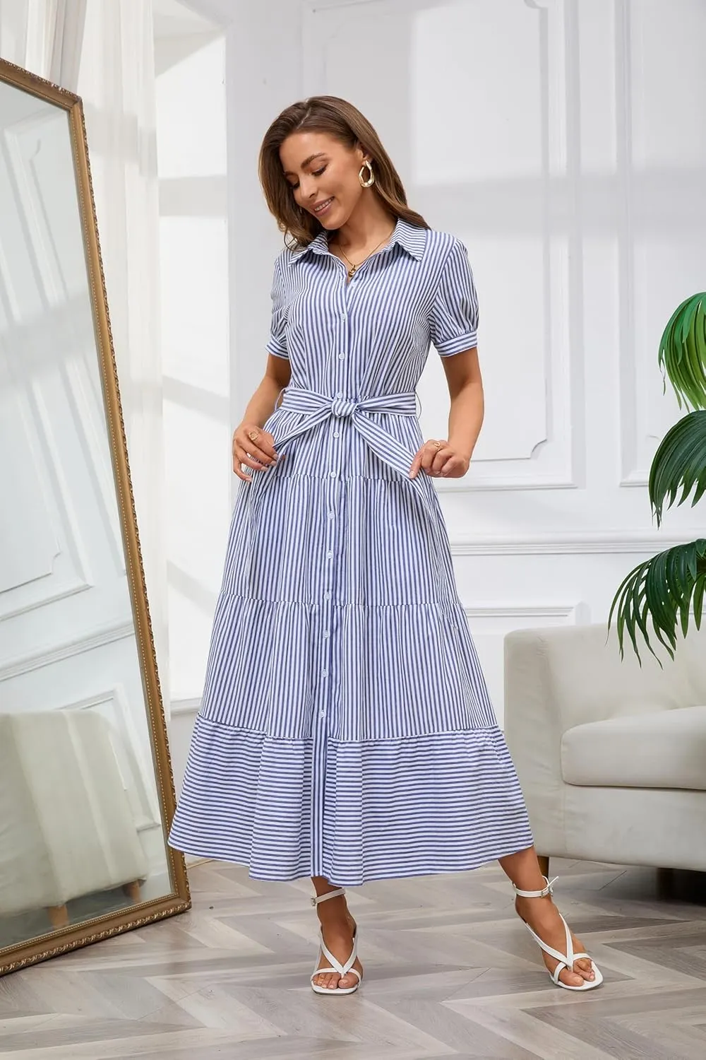 utcoco Womens Casual Short Sleeve Button Down Tie Waist Ruffled Striped Maxi Shirt Dress