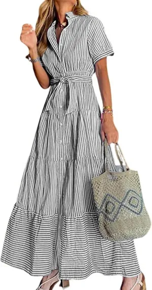 utcoco Womens Casual Short Sleeve Button Down Tie Waist Ruffled Striped Maxi Shirt Dress