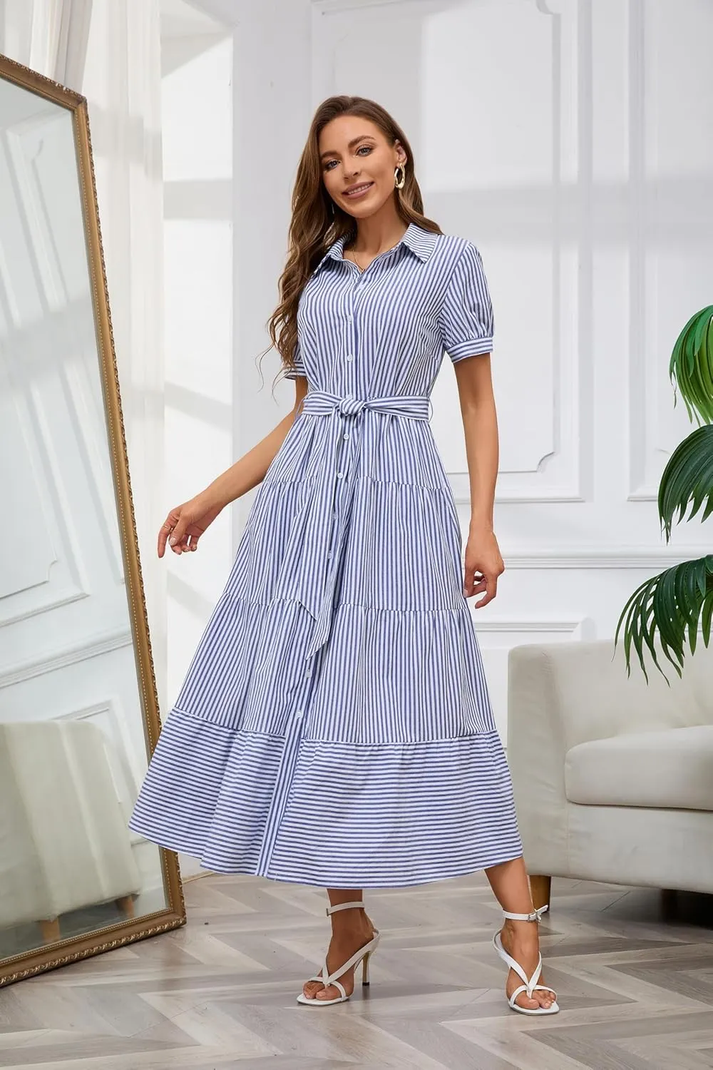 utcoco Womens Casual Short Sleeve Button Down Tie Waist Ruffled Striped Maxi Shirt Dress