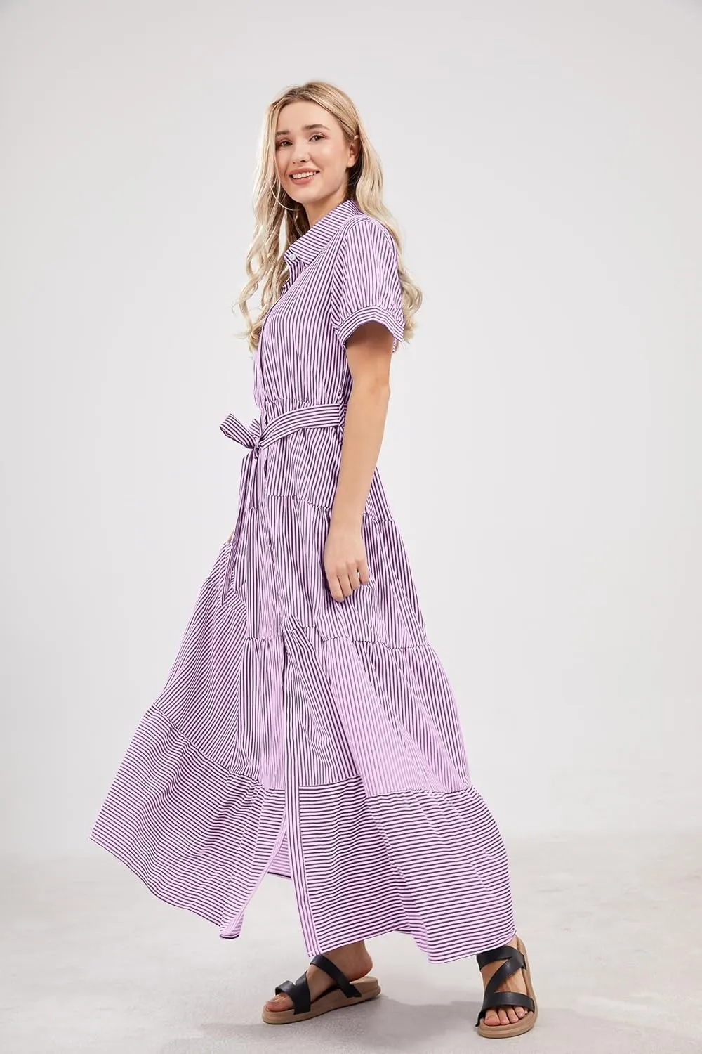 utcoco Womens Casual Short Sleeve Button Down Tie Waist Ruffled Striped Maxi Shirt Dress