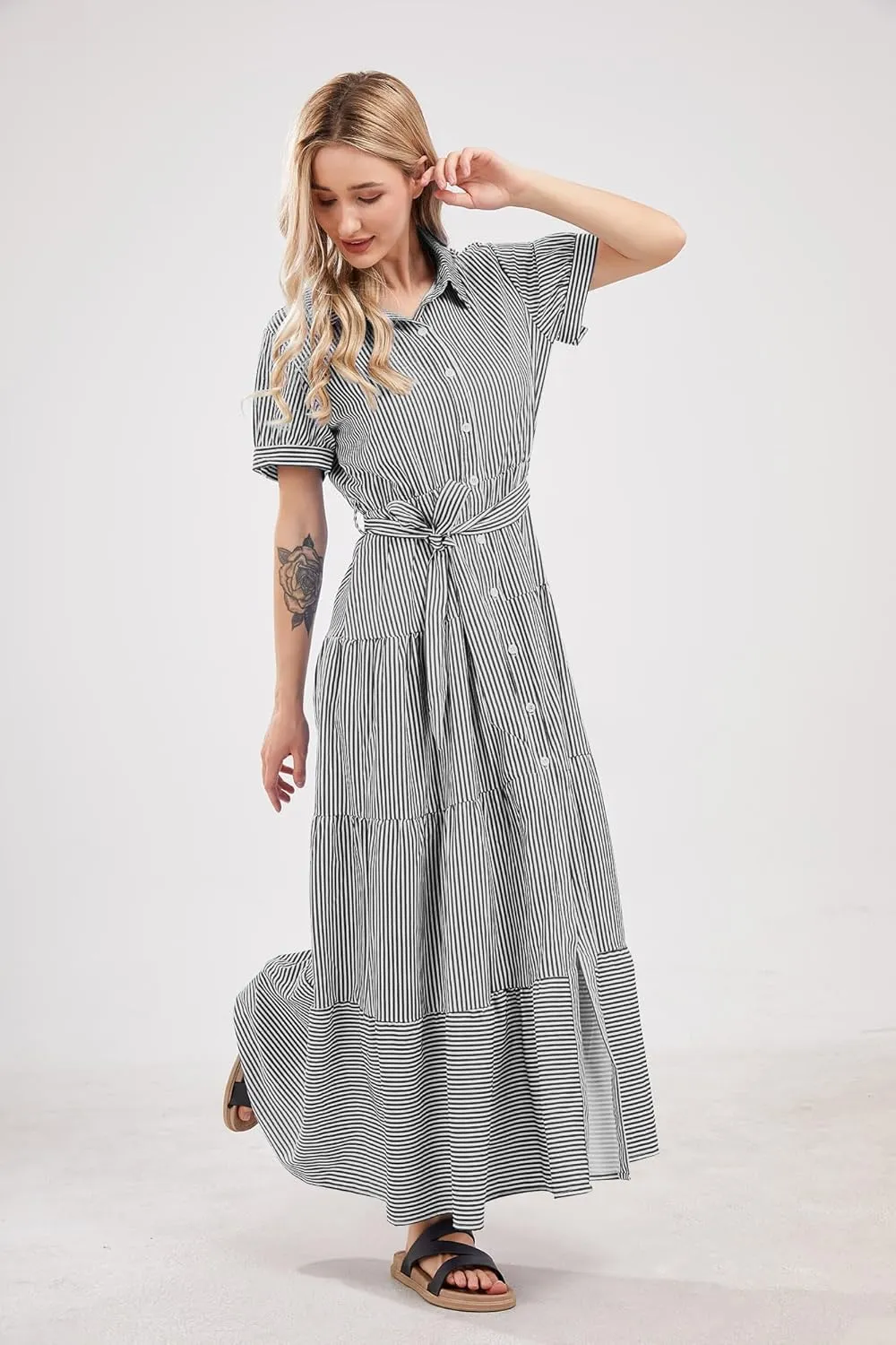 utcoco Womens Casual Short Sleeve Button Down Tie Waist Ruffled Striped Maxi Shirt Dress