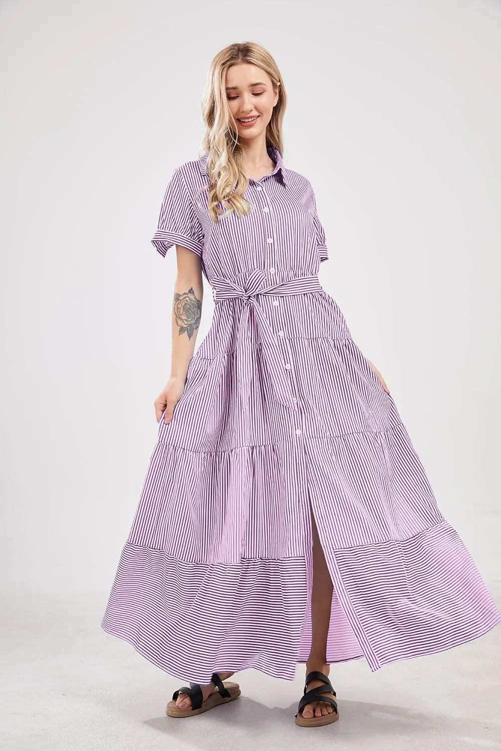 utcoco Womens Casual Short Sleeve Button Down Tie Waist Ruffled Striped Maxi Shirt Dress