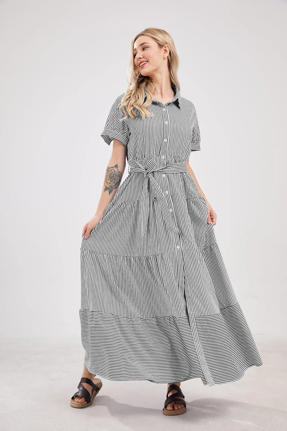 utcoco Womens Casual Short Sleeve Button Down Tie Waist Ruffled Striped Maxi Shirt Dress