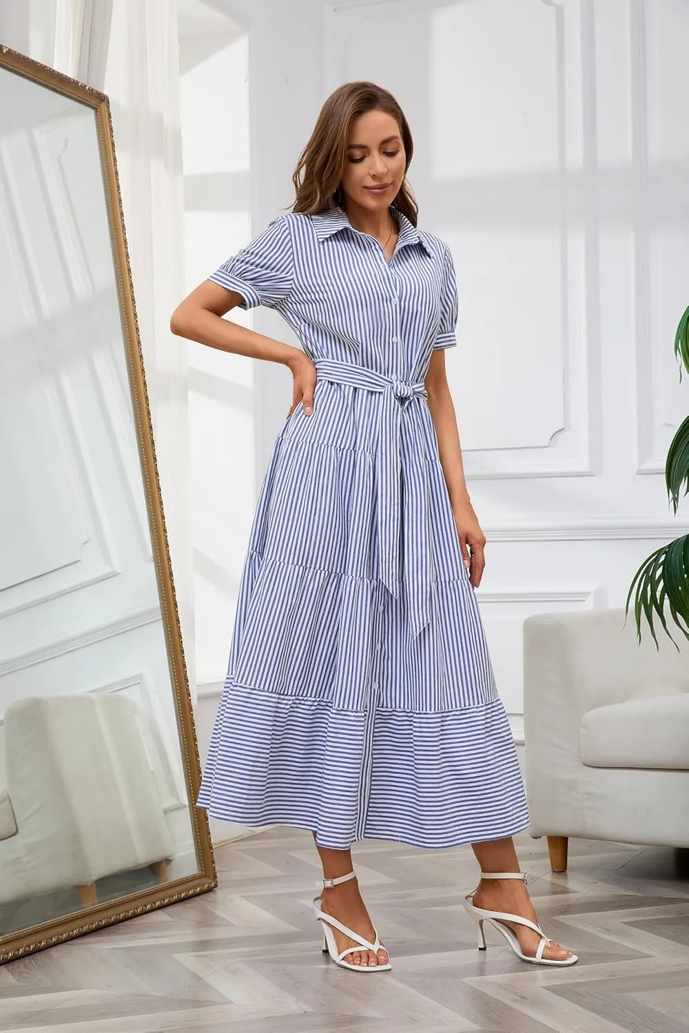 utcoco Womens Casual Short Sleeve Button Down Tie Waist Ruffled Striped Maxi Shirt Dress