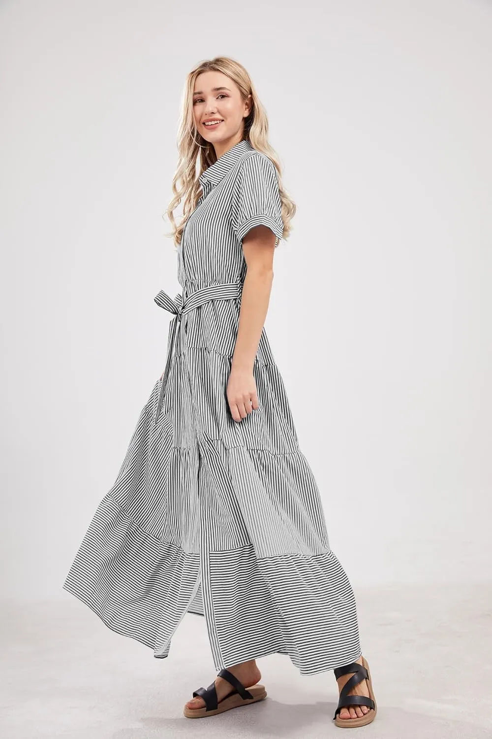 utcoco Womens Casual Short Sleeve Button Down Tie Waist Ruffled Striped Maxi Shirt Dress