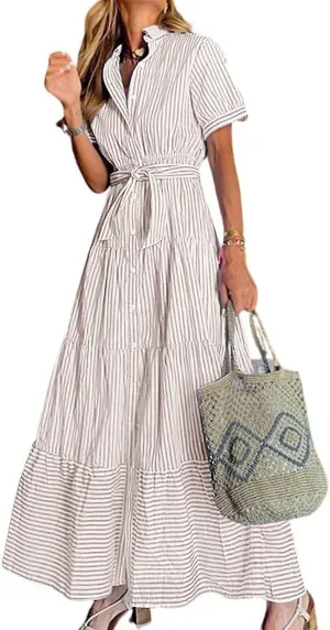 utcoco Womens Casual Short Sleeve Button Down Tie Waist Ruffled Striped Maxi Shirt Dress