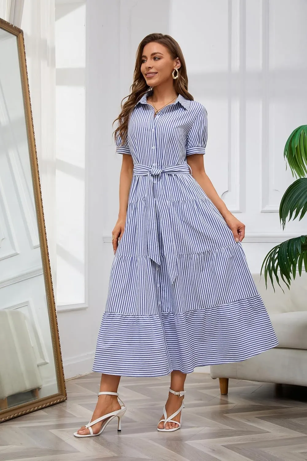 utcoco Womens Casual Short Sleeve Button Down Tie Waist Ruffled Striped Maxi Shirt Dress