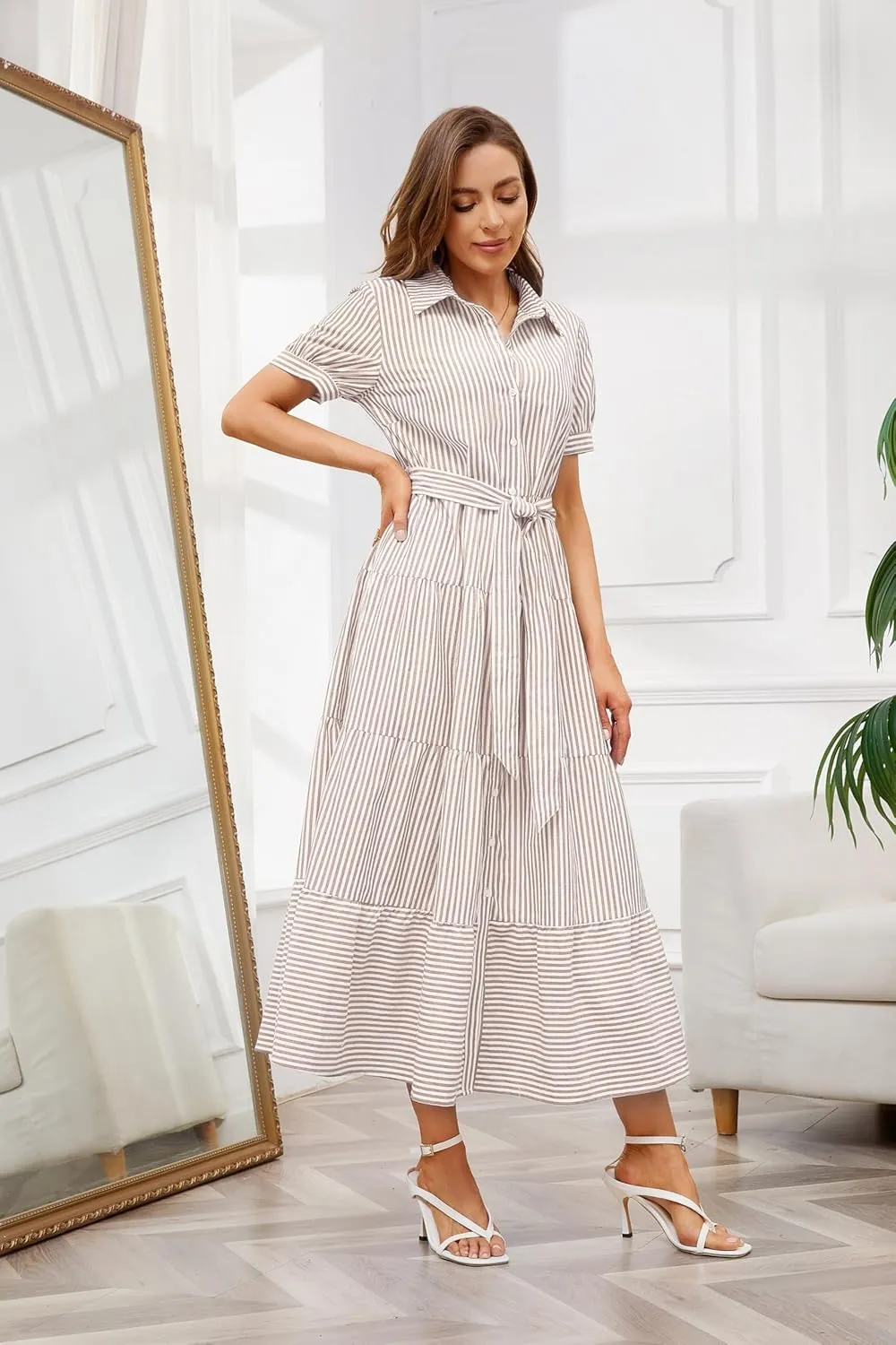 utcoco Womens Casual Short Sleeve Button Down Tie Waist Ruffled Striped Maxi Shirt Dress