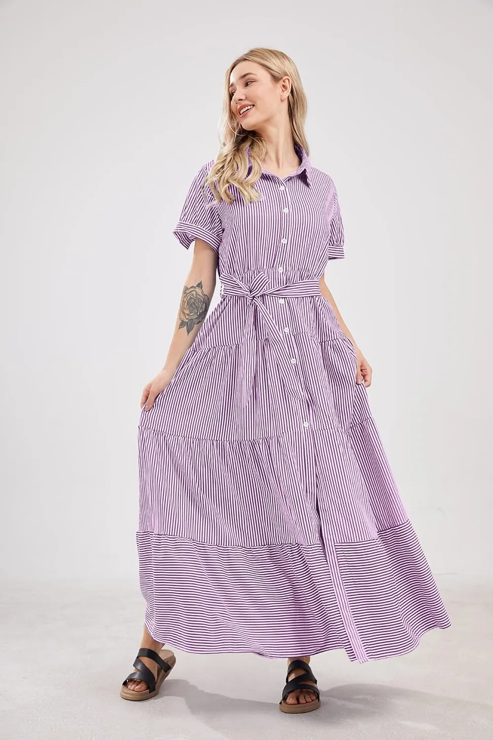 utcoco Womens Casual Short Sleeve Button Down Tie Waist Ruffled Striped Maxi Shirt Dress