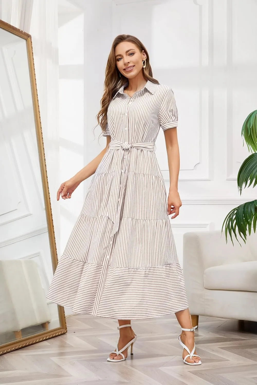 utcoco Womens Casual Short Sleeve Button Down Tie Waist Ruffled Striped Maxi Shirt Dress