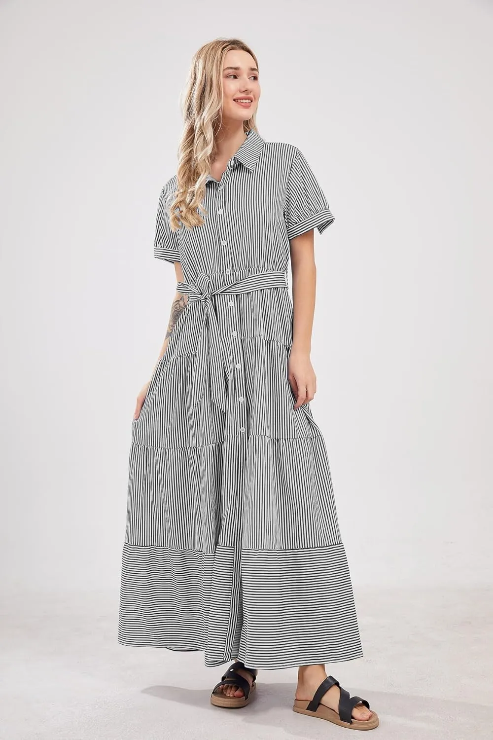 utcoco Womens Casual Short Sleeve Button Down Tie Waist Ruffled Striped Maxi Shirt Dress