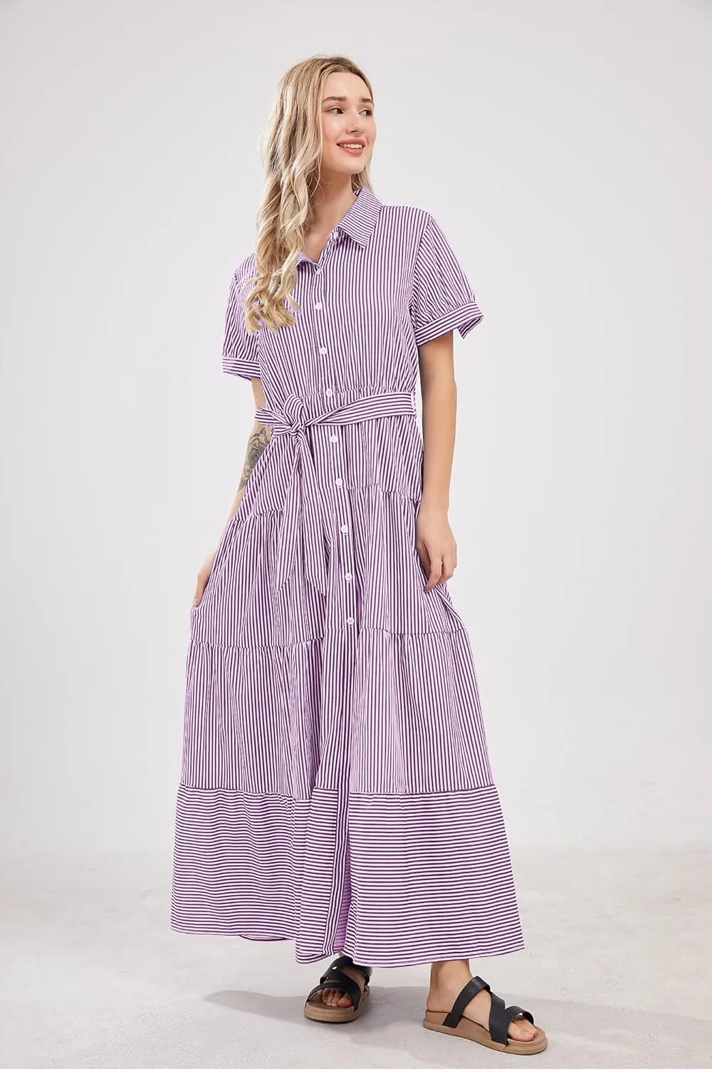 utcoco Womens Casual Short Sleeve Button Down Tie Waist Ruffled Striped Maxi Shirt Dress