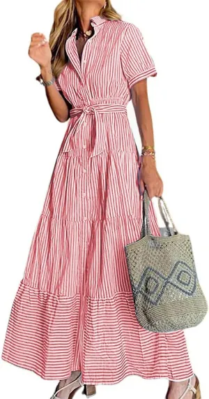 utcoco Womens Casual Short Sleeve Button Down Tie Waist Ruffled Striped Maxi Shirt Dress