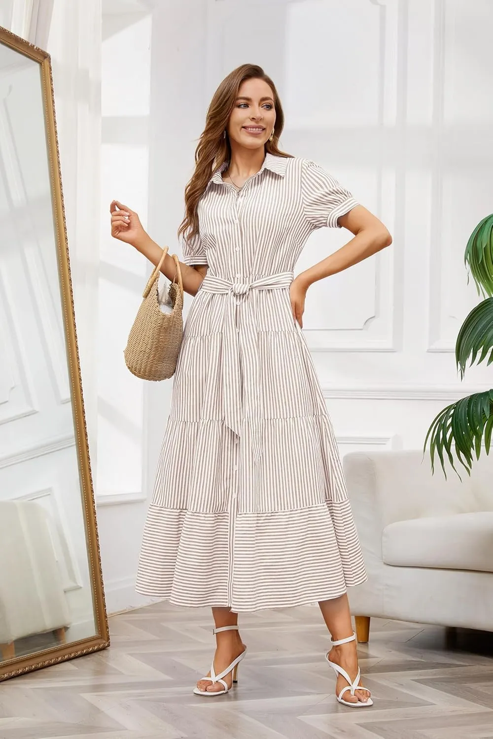 utcoco Womens Casual Short Sleeve Button Down Tie Waist Ruffled Striped Maxi Shirt Dress