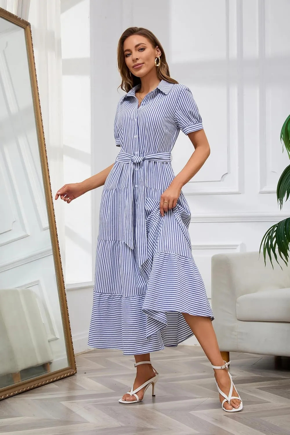 utcoco Womens Casual Short Sleeve Button Down Tie Waist Ruffled Striped Maxi Shirt Dress