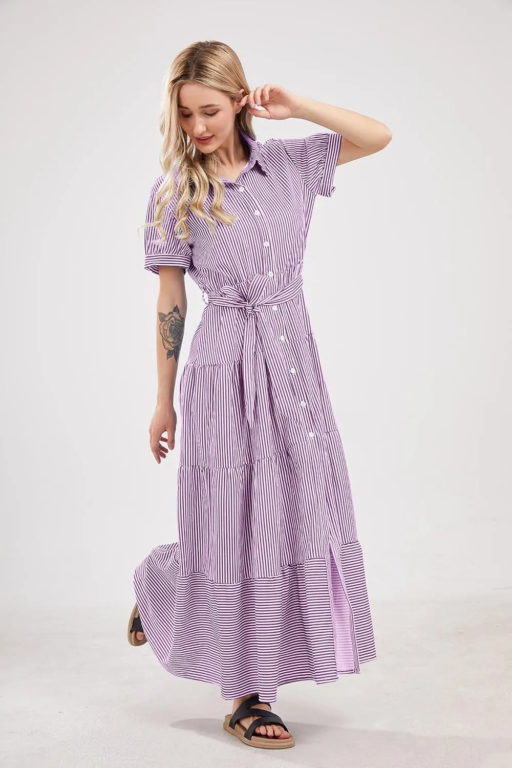 utcoco Womens Casual Short Sleeve Button Down Tie Waist Ruffled Striped Maxi Shirt Dress