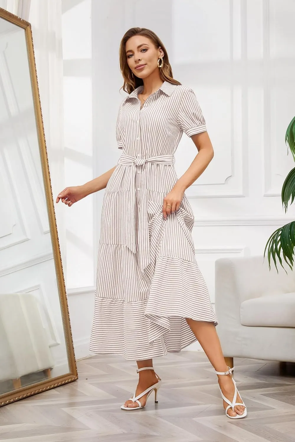 utcoco Womens Casual Short Sleeve Button Down Tie Waist Ruffled Striped Maxi Shirt Dress