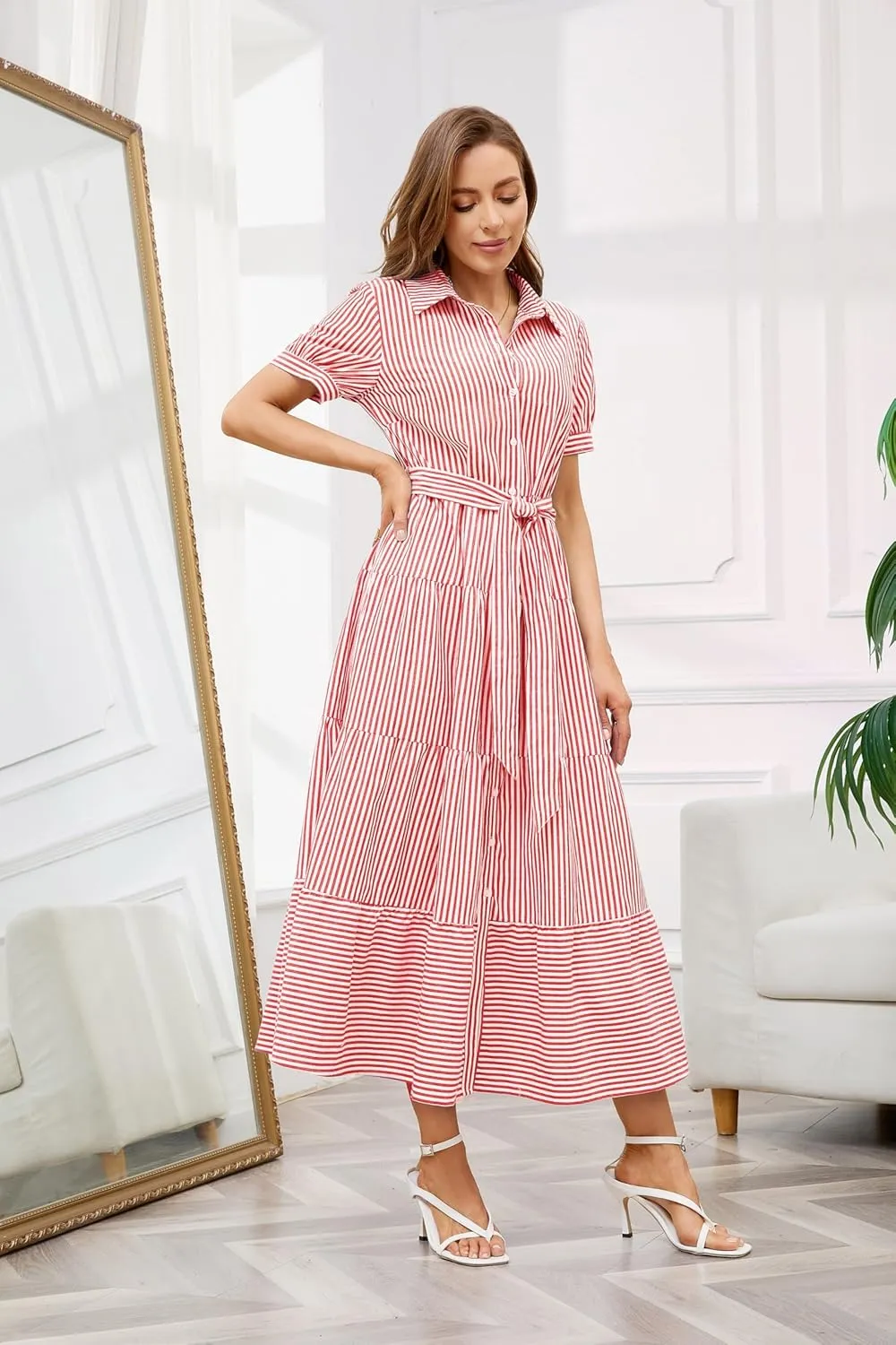 utcoco Womens Casual Short Sleeve Button Down Tie Waist Ruffled Striped Maxi Shirt Dress
