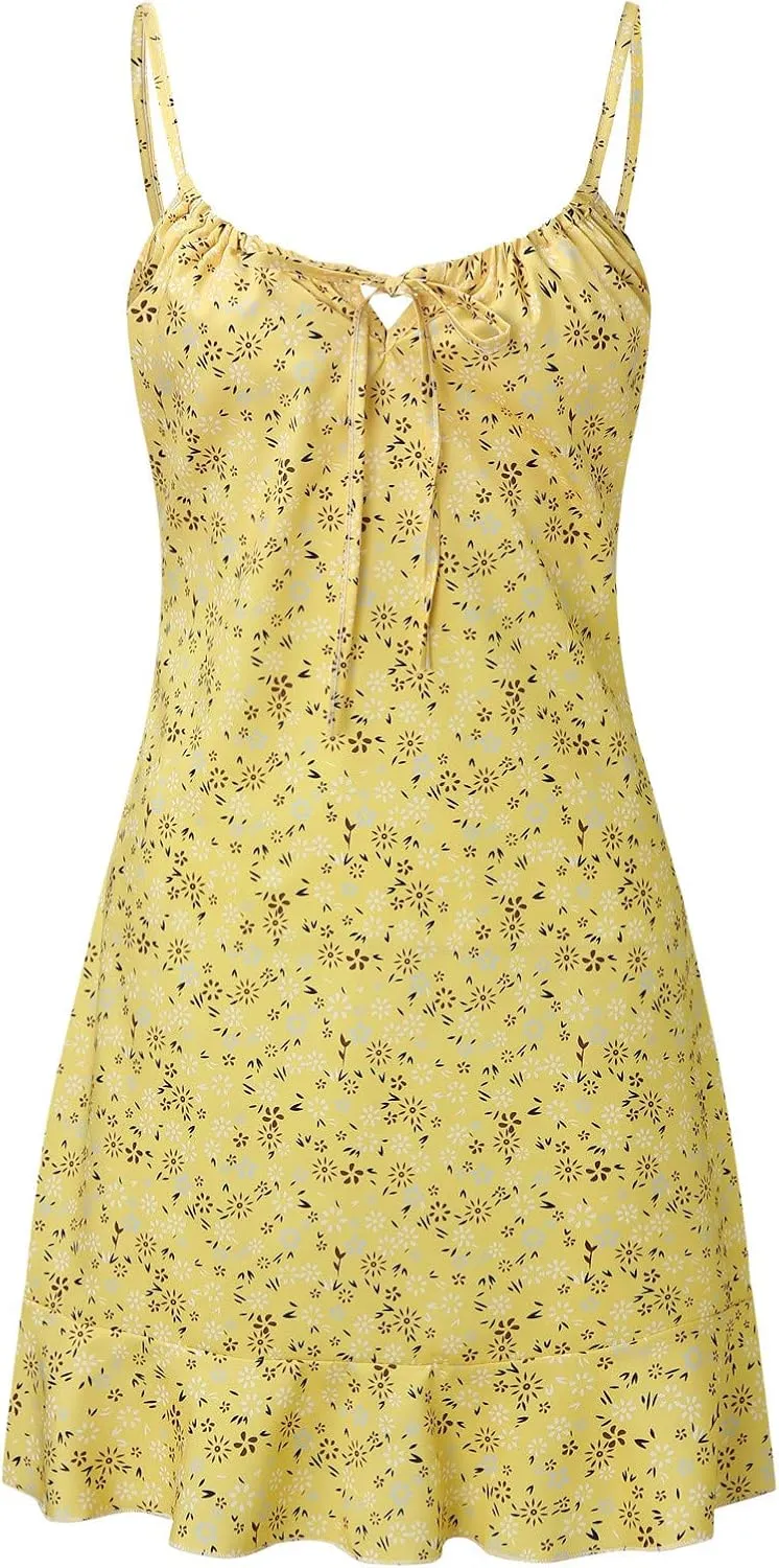 Vacation Dresses for Women 2025 Mini Dress Ruffled Beach Vacation Clothes Sundress Floral Spaghetti Strap Casual Summer