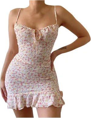 Vacation Dresses for Women 2025 Mini Dress Ruffled Beach Vacation Clothes Sundress Floral Spaghetti Strap Casual Summer