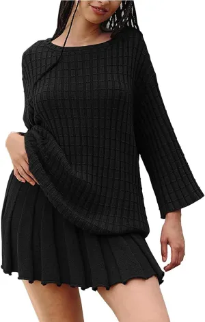 VECVOC Sweater Set Two Piece Skirt Sets for Women Long Sleeve Two Piece Outfits Loose Knit Pullover Mini Skirt