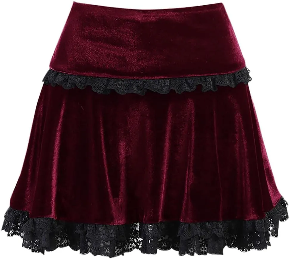 Velvet Lace Little Mini Skirts for Women High Waist Casual Ruffle Skirt Y2k Punk Goth Party