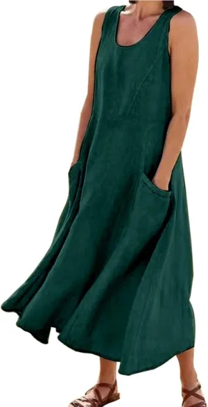 Vintage Dress for Women Comfy Beach Plus Size Linen Tank Square Neck Midi Dress with Pockets Flowy Teacher Outfits for Women