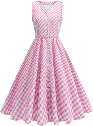 Vintage Dresses for Women Sleeveless V Neck Pleated Dress Midi Dress A Line Flowy Retro Short Dress