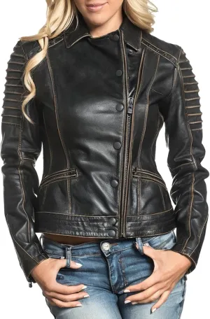 Vintage Style Cropped Distressed Black Leather Jacket for Female - Classic Moto Design