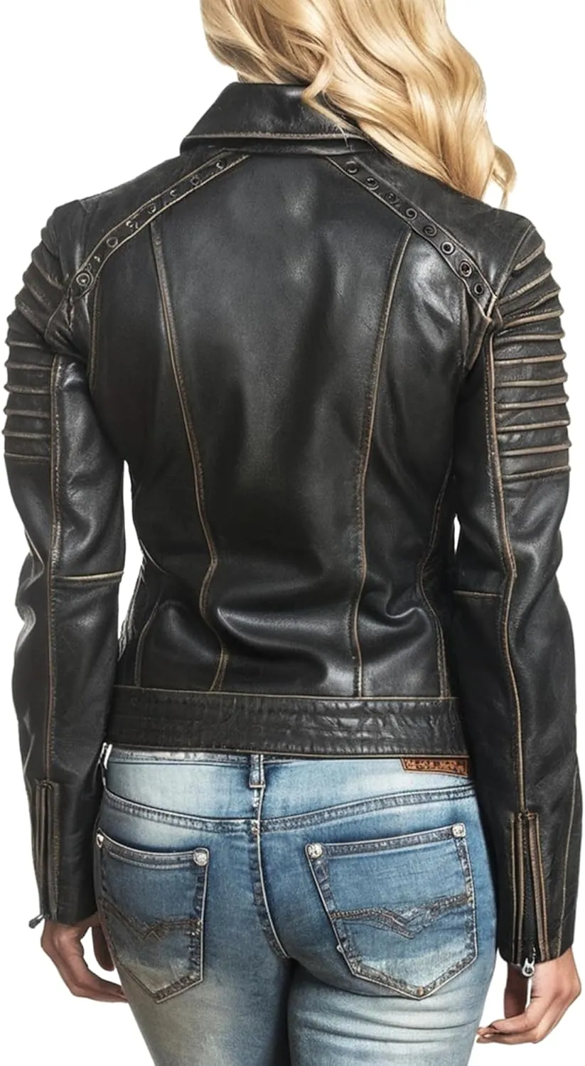 Vintage Style Cropped Distressed Black Leather Jacket for Female - Classic Moto Design