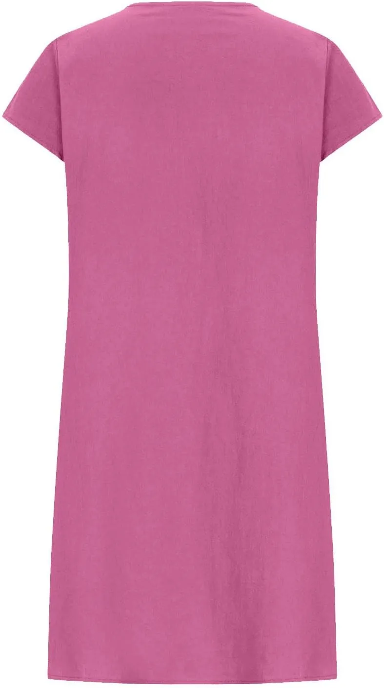 Vintage Summer Cotton Linen Dress for Women Casual Short Sleeve Ruched T Shirts Dress Loose Fit A-Line Beach Sundress