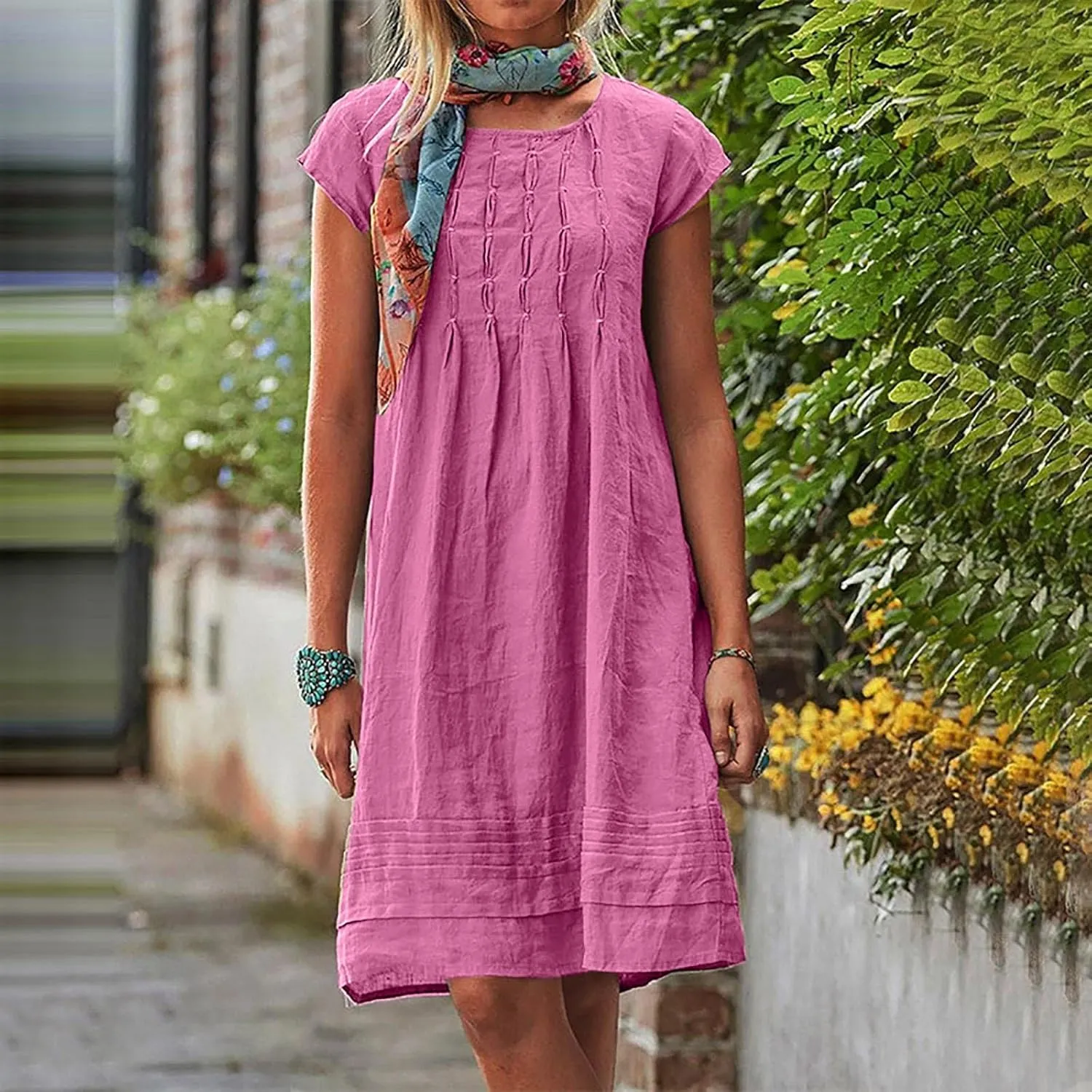 Vintage Summer Cotton Linen Dress for Women Casual Short Sleeve Ruched T Shirts Dress Loose Fit A-Line Beach Sundress