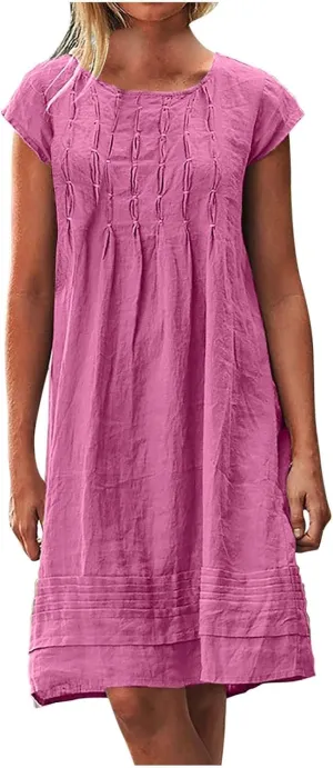 Vintage Summer Cotton Linen Dress for Women Casual Short Sleeve Ruched T Shirts Dress Loose Fit A-Line Beach Sundress