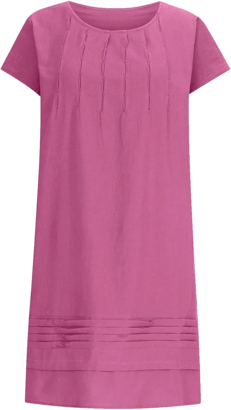 Vintage Summer Cotton Linen Dress for Women Casual Short Sleeve Ruched T Shirts Dress Loose Fit A-Line Beach Sundress