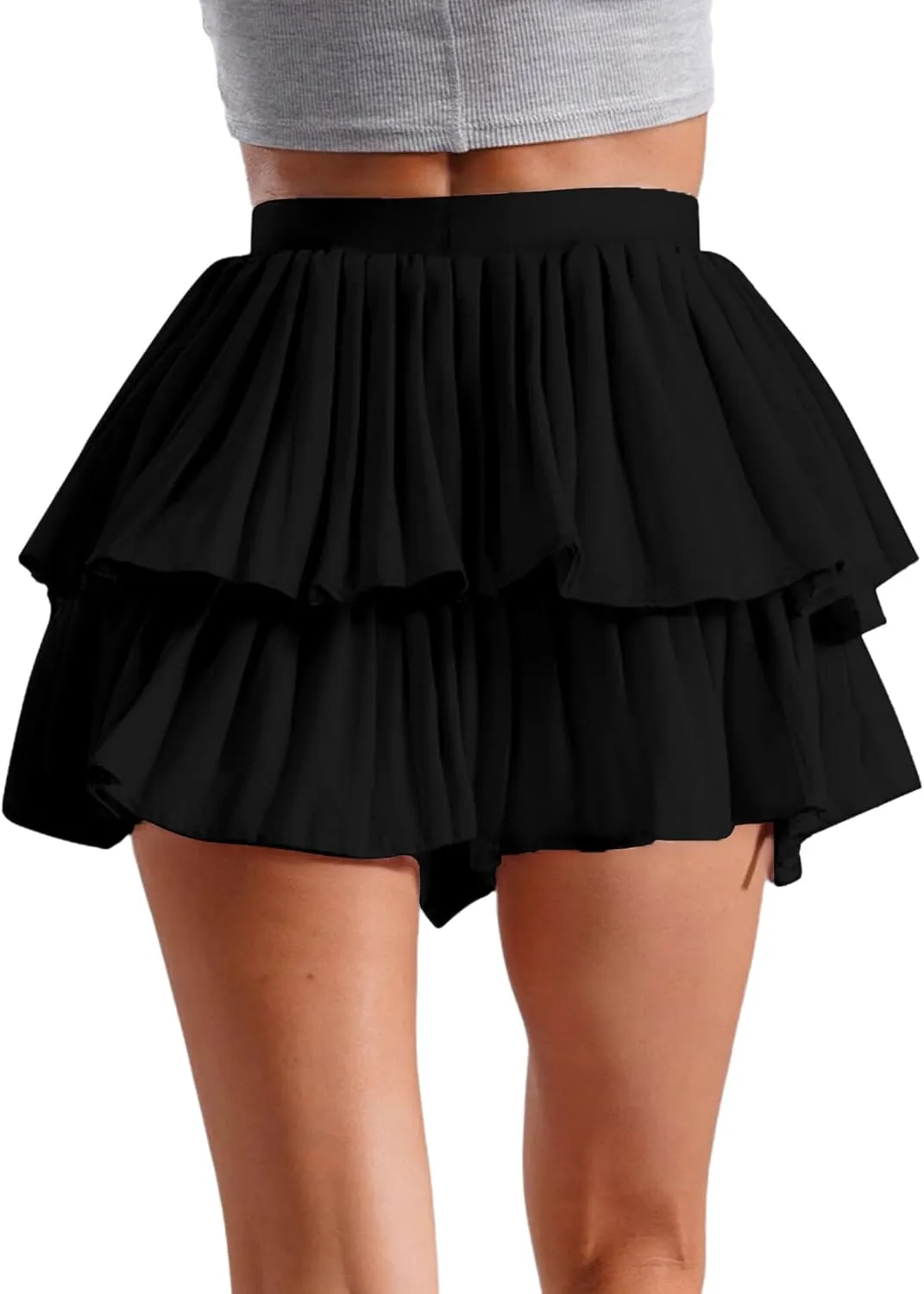 Vxuxlje Women's High Waist Pleated A-line Mini Skirts Double Layered Ruffled Skirts Culotte