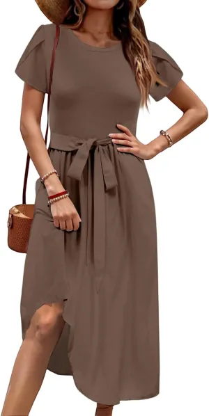 Wedding Guest Dresses for Women Summer Ruffle Short Sleeve Midi Dress Round Neck Basic A Line Flowy Dress with Belt
