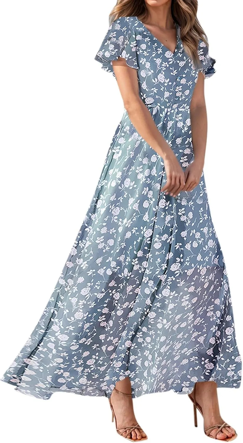 Wedding Guest Dresses for Women,Flowy Spring Summer Dresses for Women 2025 Trendy Floral Maxi Dress Short Sleeve