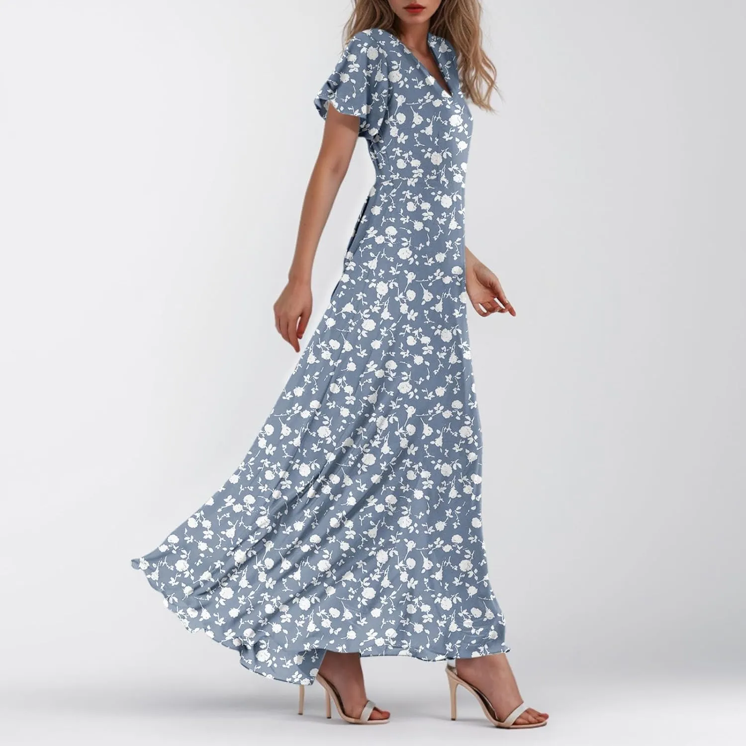 Wedding Guest Dresses for Women,Flowy Spring Summer Dresses for Women 2025 Trendy Floral Maxi Dress Short Sleeve