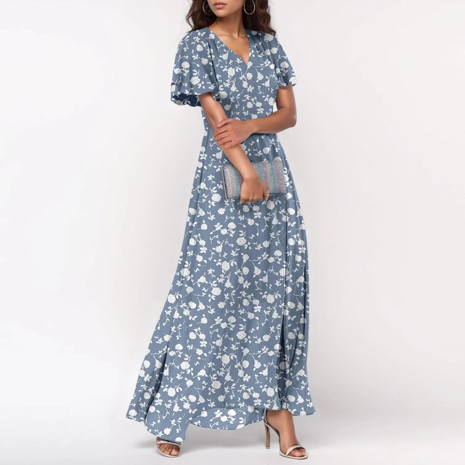 Wedding Guest Dresses for Women,Flowy Spring Summer Dresses for Women 2025 Trendy Floral Maxi Dress Short Sleeve