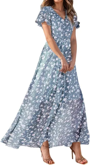 Wedding Guest Dresses for Women,Flowy Spring Summer Dresses for Women 2025 Trendy Floral Maxi Dress Short Sleeve