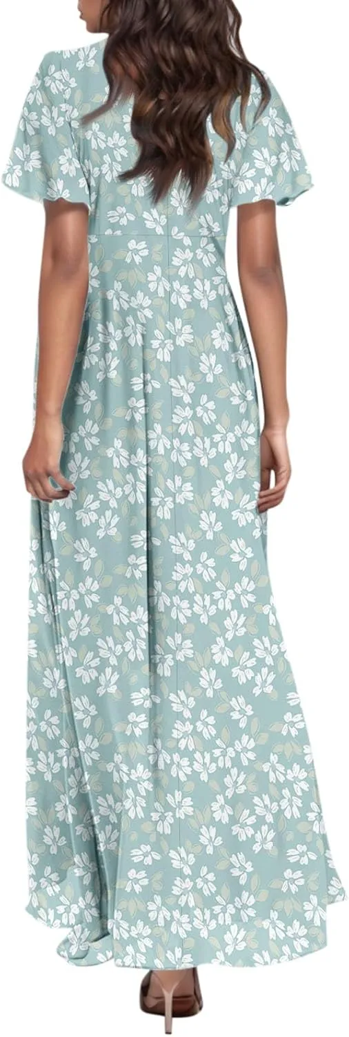 Wedding Guest Dresses for Women,Flowy Spring Summer Dresses for Women 2025 Trendy Floral Maxi Dress Short Sleeve