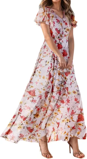 Wedding Guest Dresses for Women,Flowy Spring Summer Dresses for Women 2025 Trendy Floral Maxi Dress Short Sleeve