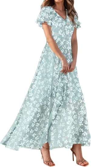 Wedding Guest Dresses for Women,Flowy Spring Summer Dresses for Women 2025 Trendy Floral Maxi Dress Short Sleeve