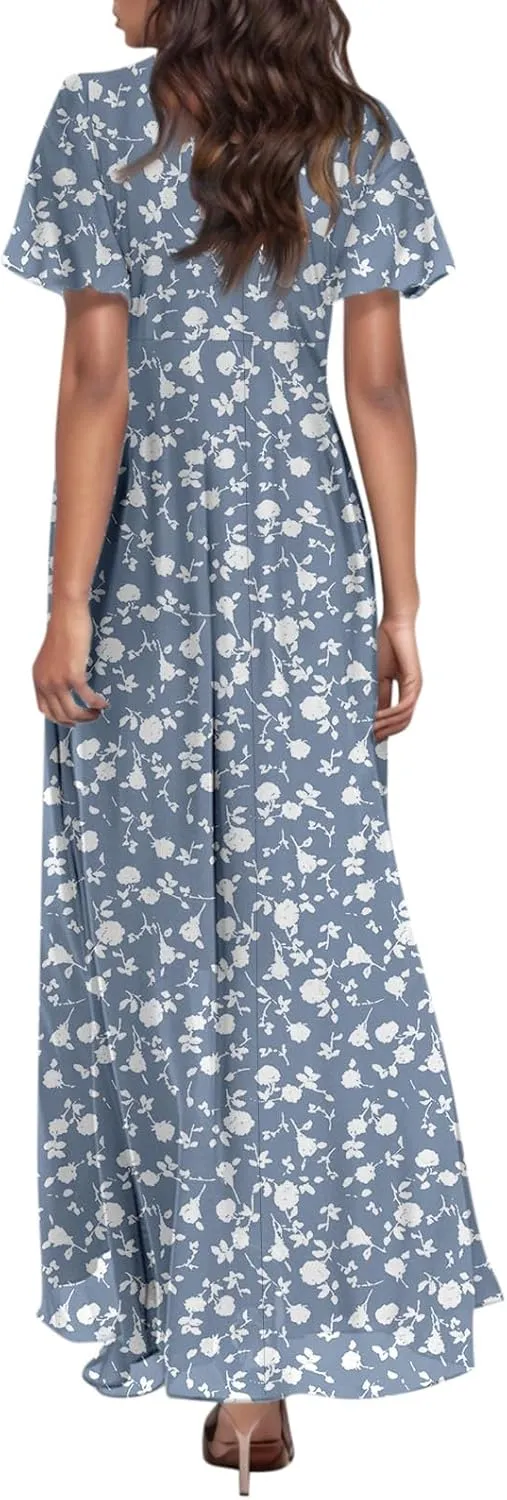 Wedding Guest Dresses for Women,Flowy Spring Summer Dresses for Women 2025 Trendy Floral Maxi Dress Short Sleeve