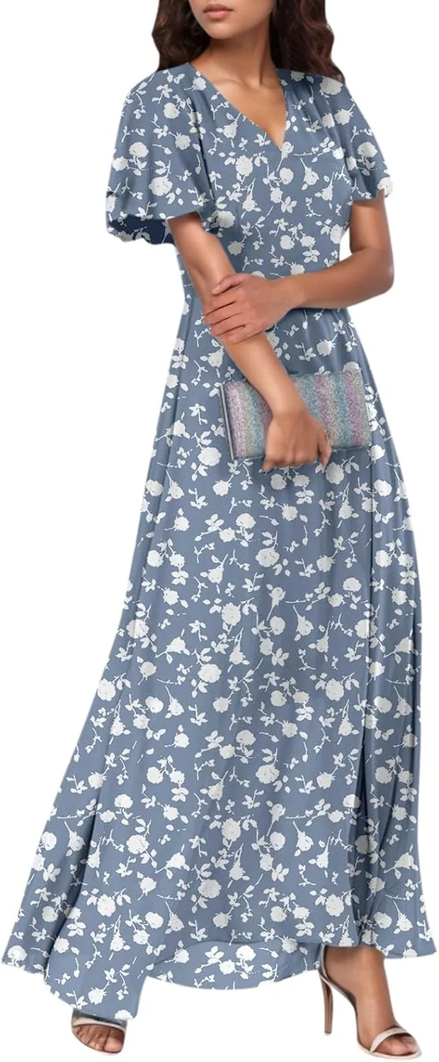 Wedding Guest Dresses for Women,Flowy Spring Summer Dresses for Women 2025 Trendy Floral Maxi Dress Short Sleeve
