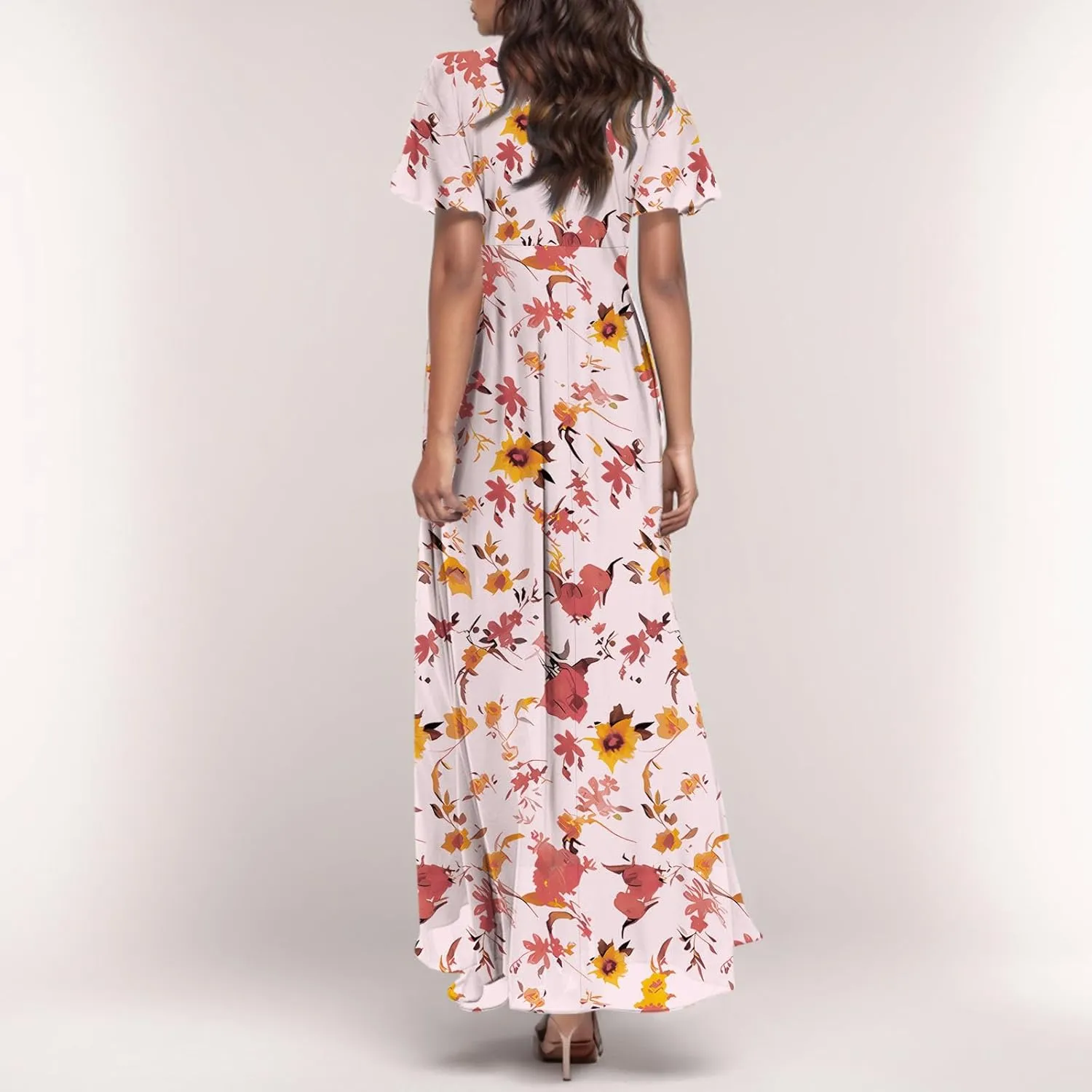Wedding Guest Dresses for Women,Flowy Spring Summer Dresses for Women 2025 Trendy Floral Maxi Dress Short Sleeve