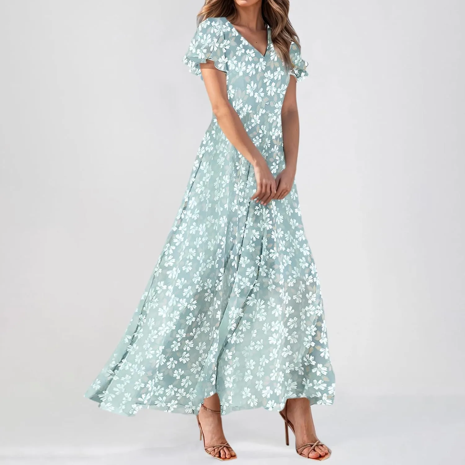Wedding Guest Dresses for Women,Flowy Spring Summer Dresses for Women 2025 Trendy Floral Maxi Dress Short Sleeve