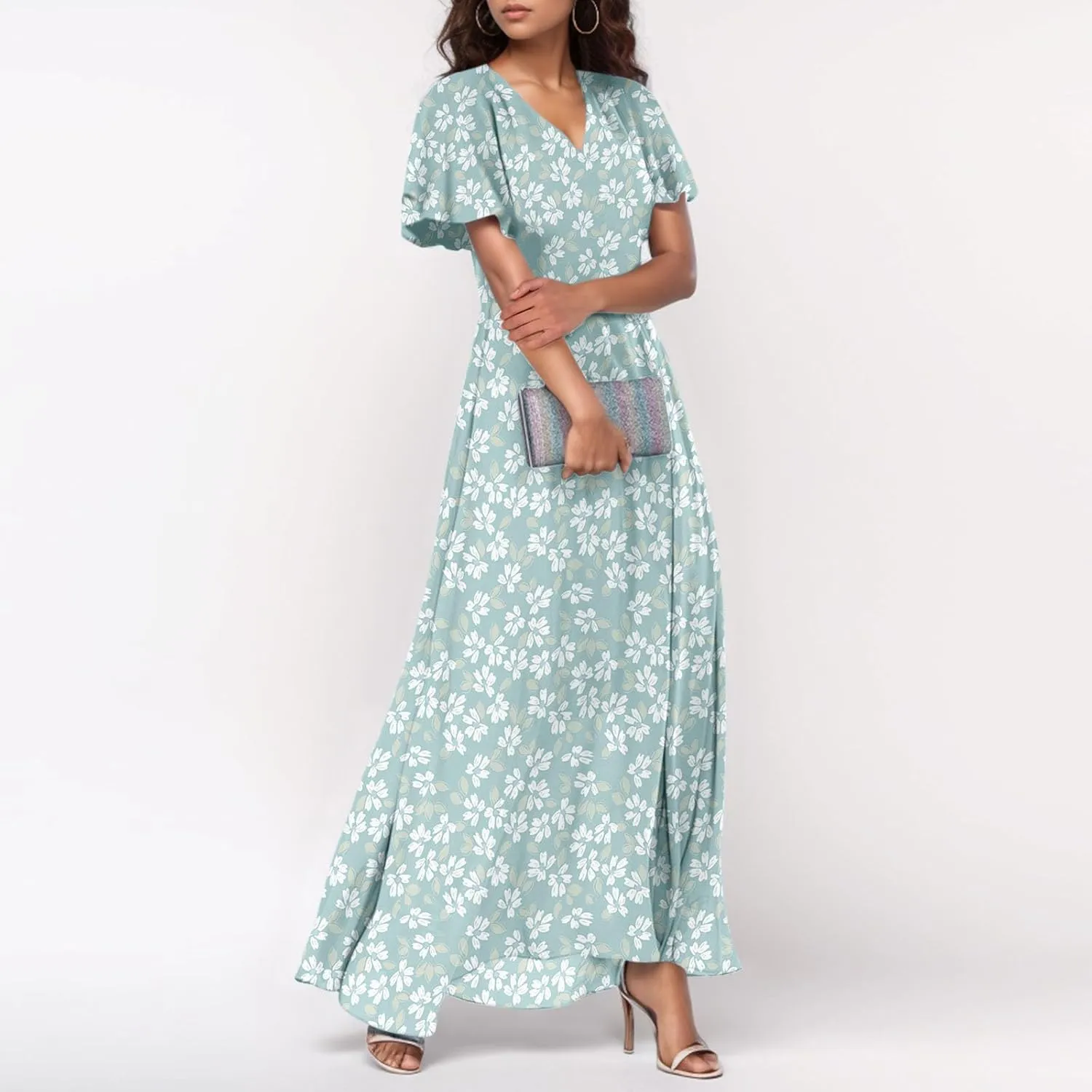 Wedding Guest Dresses for Women,Flowy Spring Summer Dresses for Women 2025 Trendy Floral Maxi Dress Short Sleeve