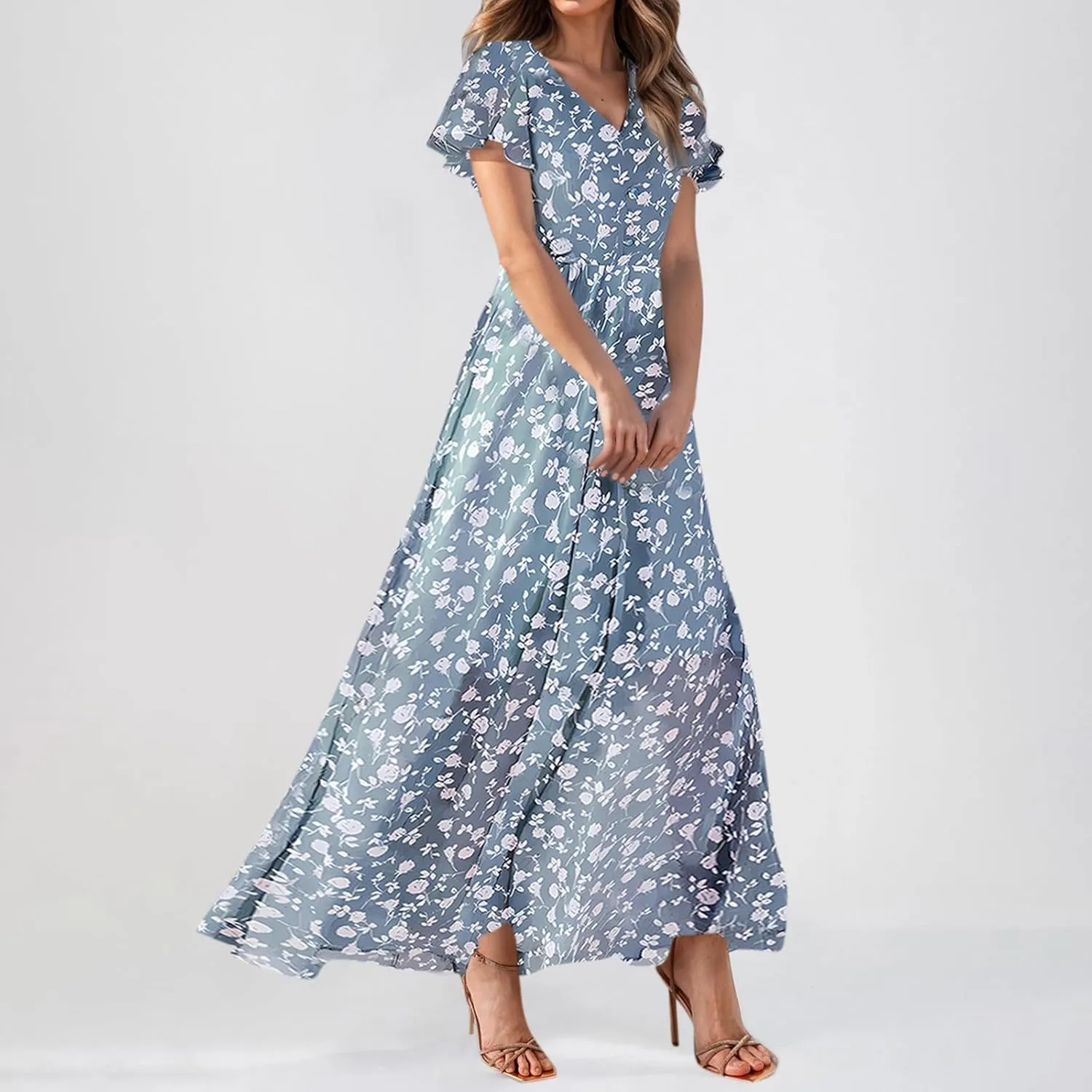 Wedding Guest Dresses for Women,Flowy Spring Summer Dresses for Women 2025 Trendy Floral Maxi Dress Short Sleeve